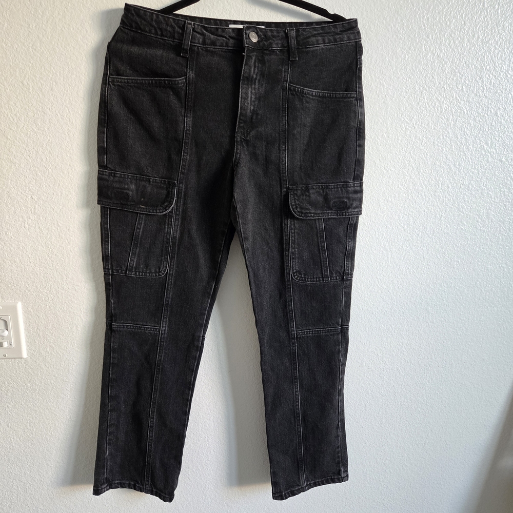 Zara Womens Mid Rise Slim Cargo Black Faded Black Jeans Size 6